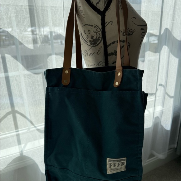Deep Teal Farmer’s Market Tote Bag with Brown Straps - Picture 3 of 4
